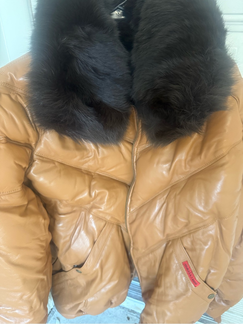 Men’s Camel Leather Puffer Jacket with Dark Brown Fur Collar